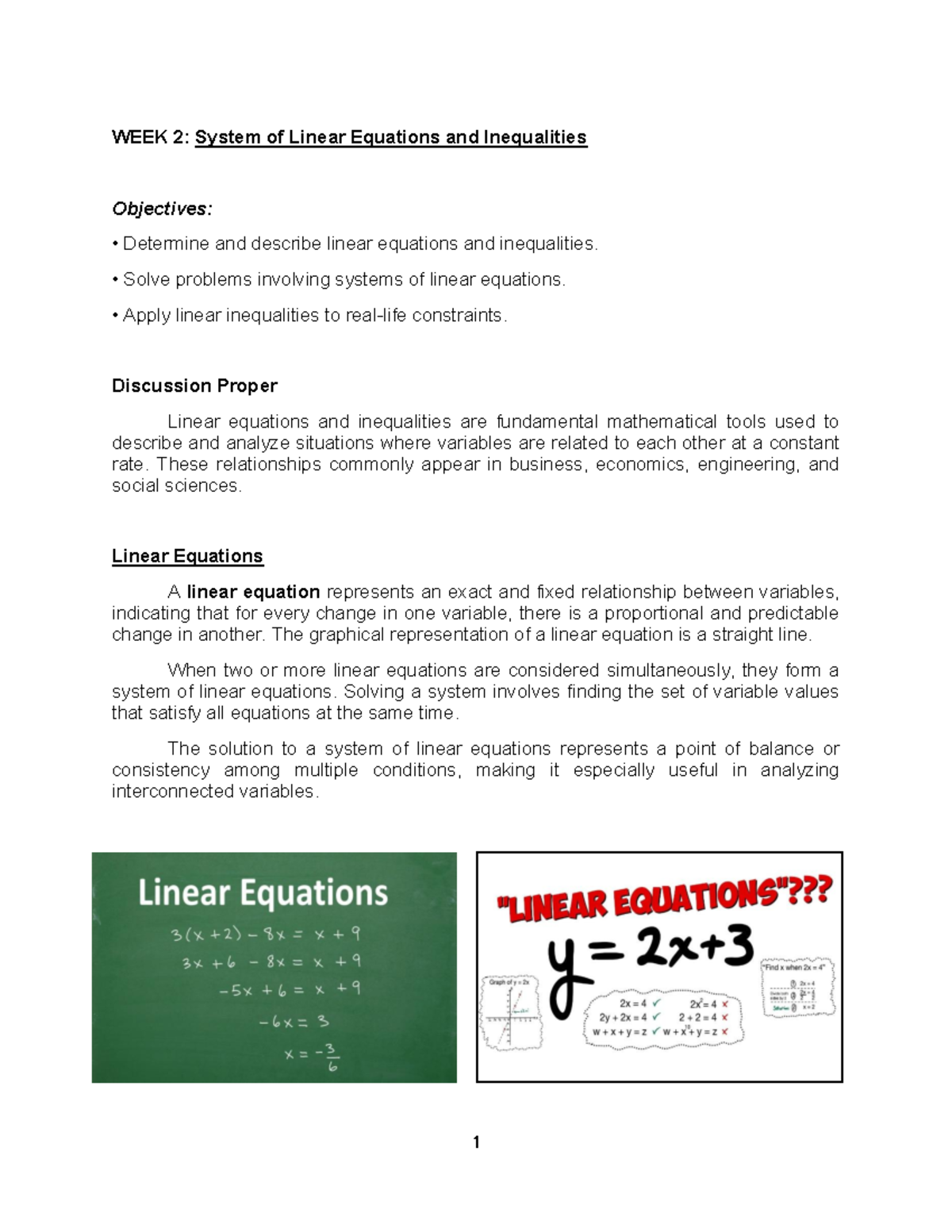 WEEK 2: Systems of Linear Equations & Inequalities Overview - Studocu