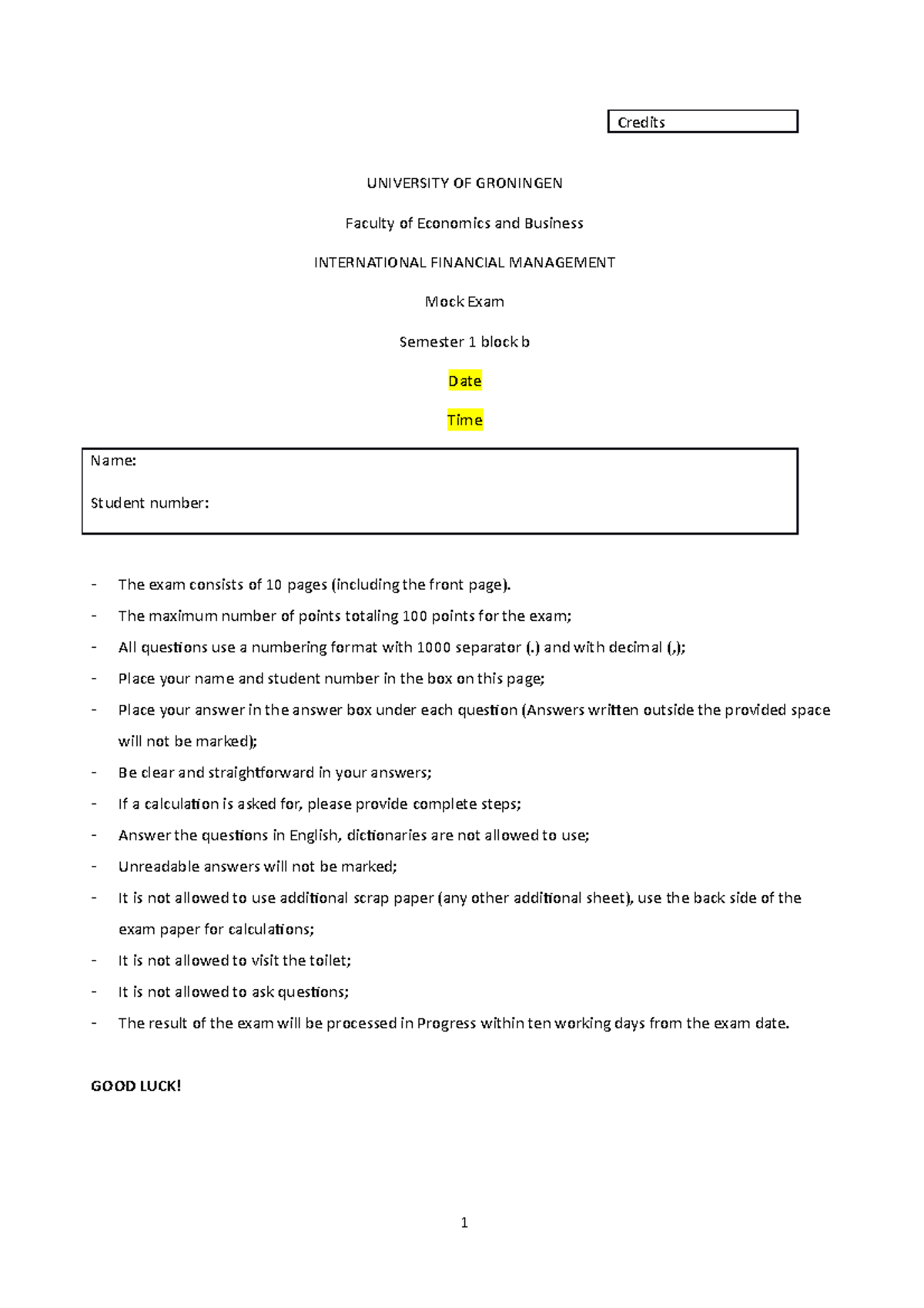 IFM 2017/2018 MOCK EXAM - International Financial Management Practice ...