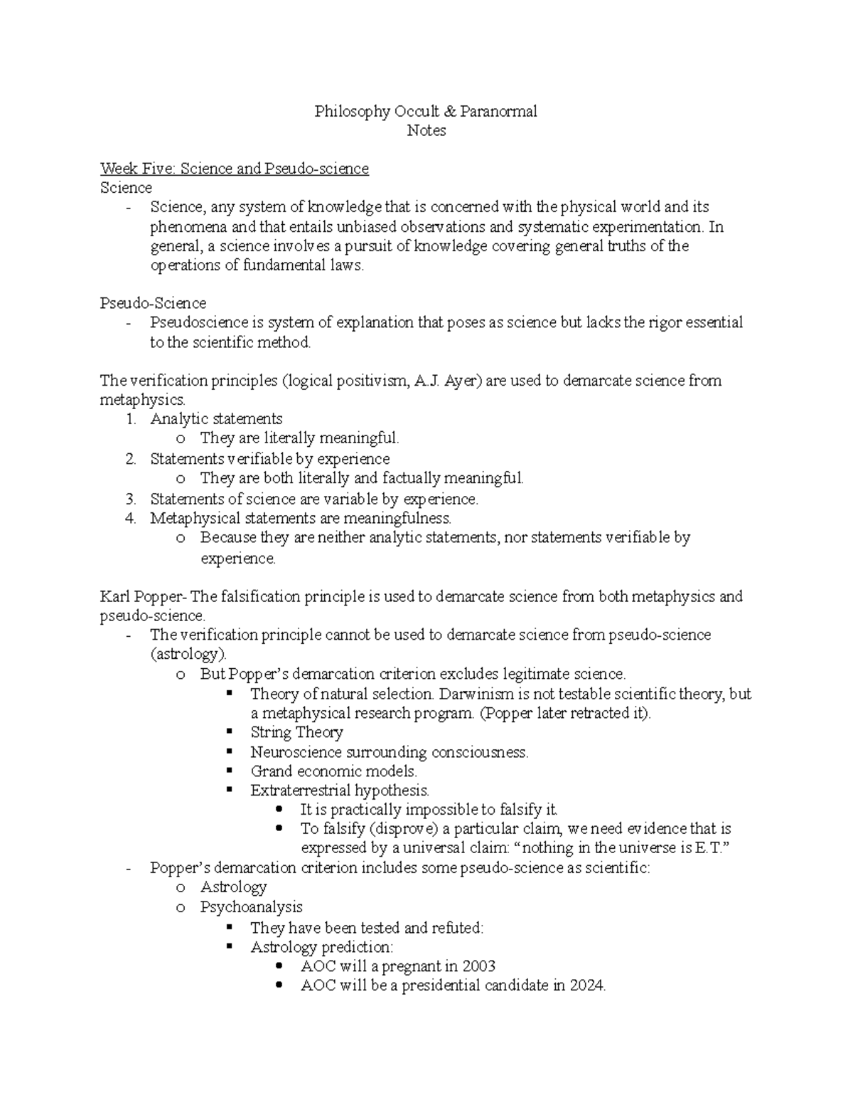 Philosophy 101: Test Notes on Science & Pseudoscience (Weeks 5-7) - Studocu