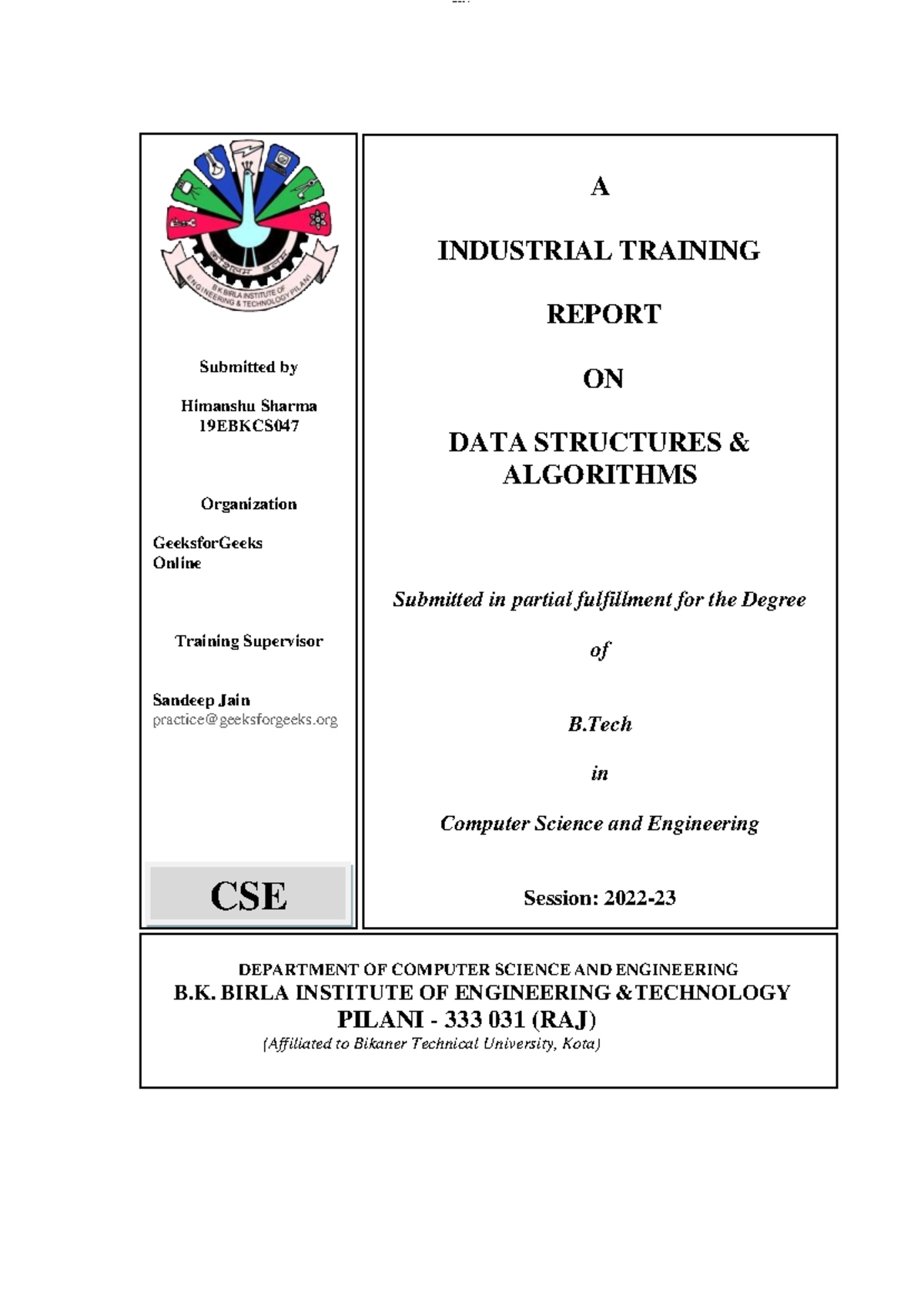Industrial Training Report on Data Structures & Algorithms - 19EBKCS ...