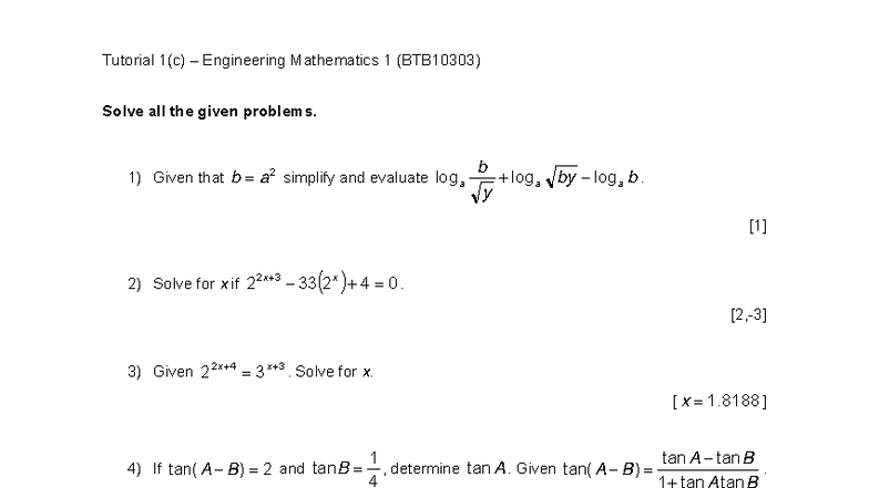 Tutorial 1(c) Engineering Mathematics 1 (BTB10303) Problem Solutions ...