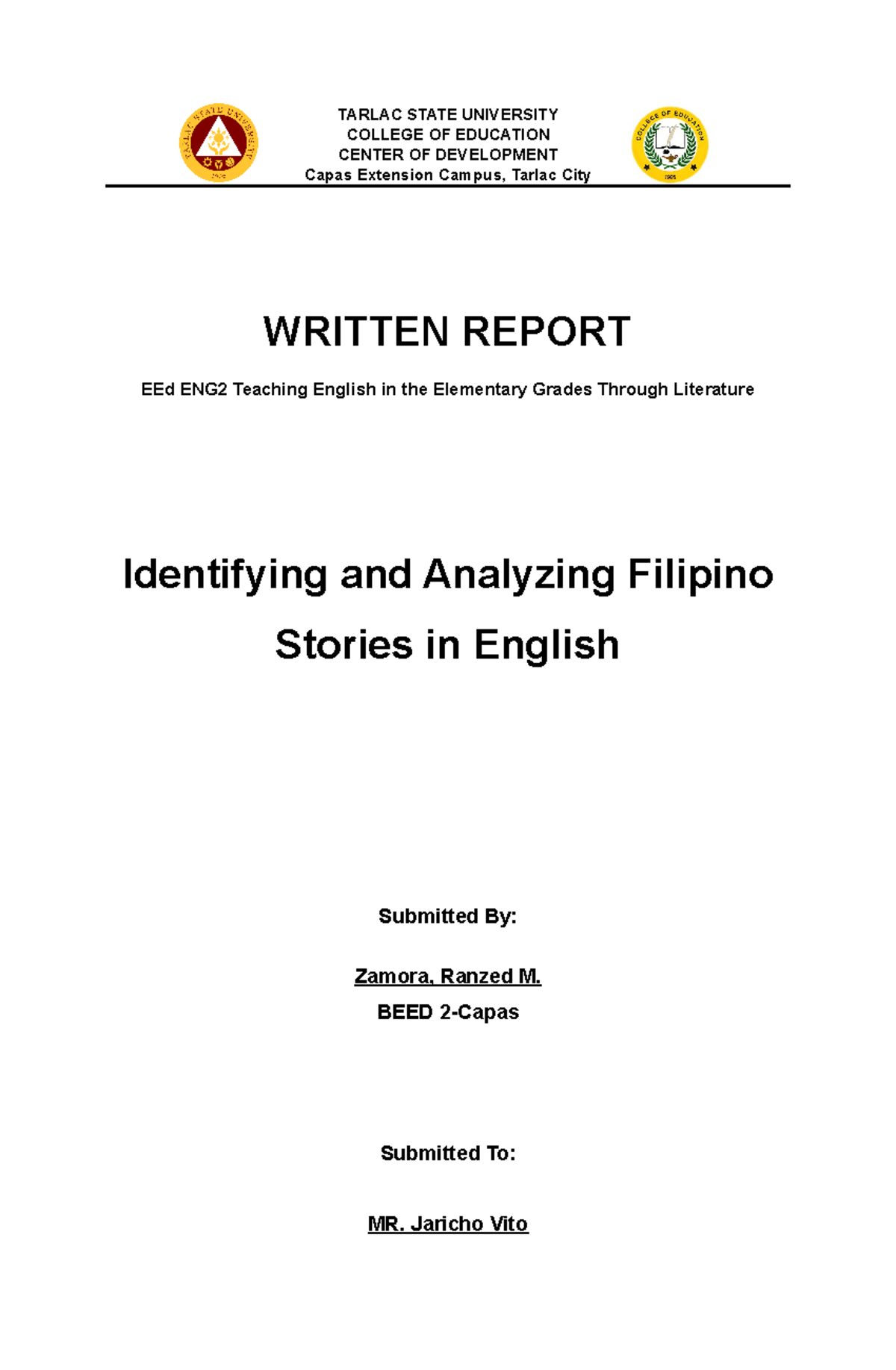 Written- Report- Template - TARLAC STATE UNIVERSITY COLLEGE OF ...