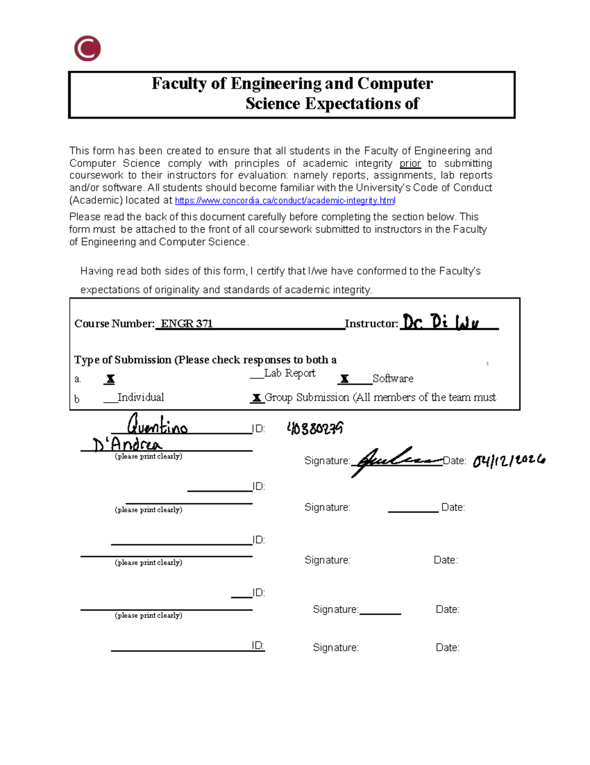 ENGR 371 Academic Integrity Compliance Form for Project Reports - Studocu
