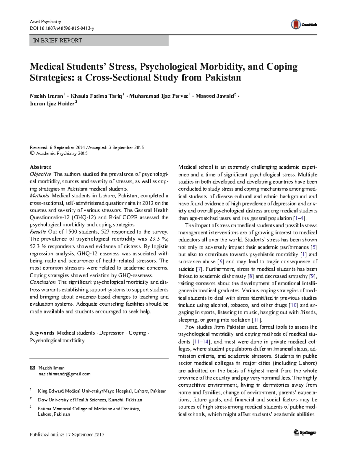 Medical stress and coping strategies among Pakistani medical students ...