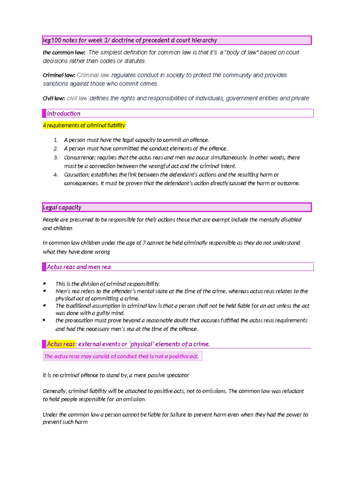 LEG100 Week 3 Notes: Doctrine of Precedent & Common Law Principles ...