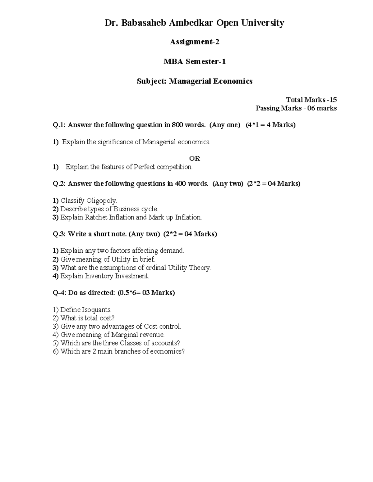 MBA Managerial Economics Assignment-2: Key Concepts & Questions - Studocu