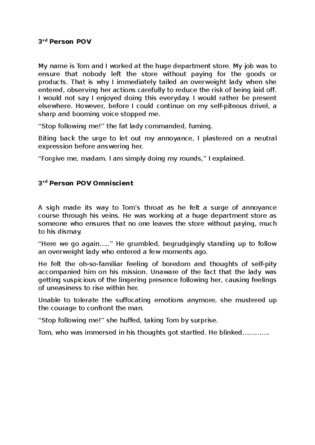 3rd Person POV Narrative Sample: Tom's Department Store Experience ...