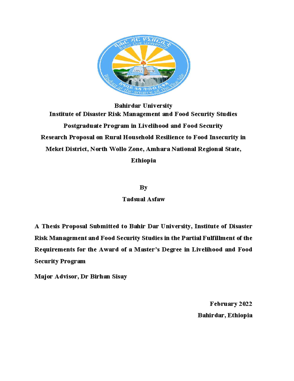 Research Proposal: Rural Household Resilience to Food Insecurity in ...