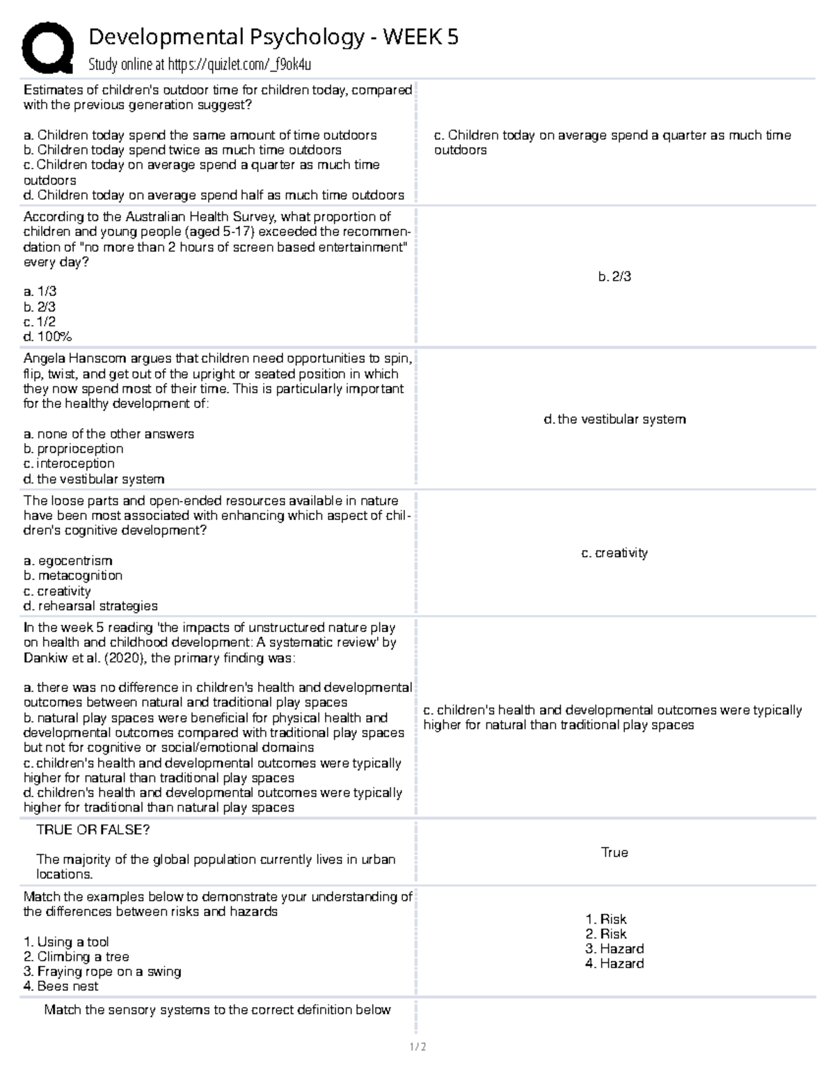 Developmental Psychology PSY101 Week 5 Quiz Answers - Studocu