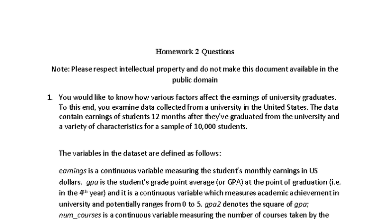 Homework 2: Regression Analysis of Graduate Earnings Factors - Studocu