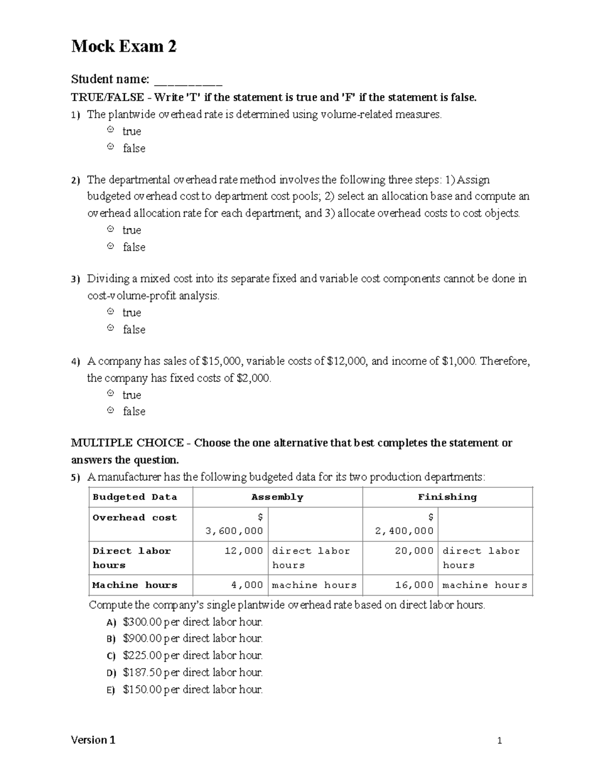 Fall 2023 Mock Exam 2: Overhead Cost Allocation & Analysis - Studocu