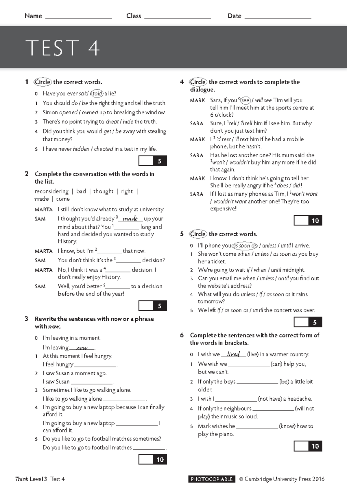 Think Level 3: Unit 4 Test 4 Practice & Answers - Cambridge - Studocu