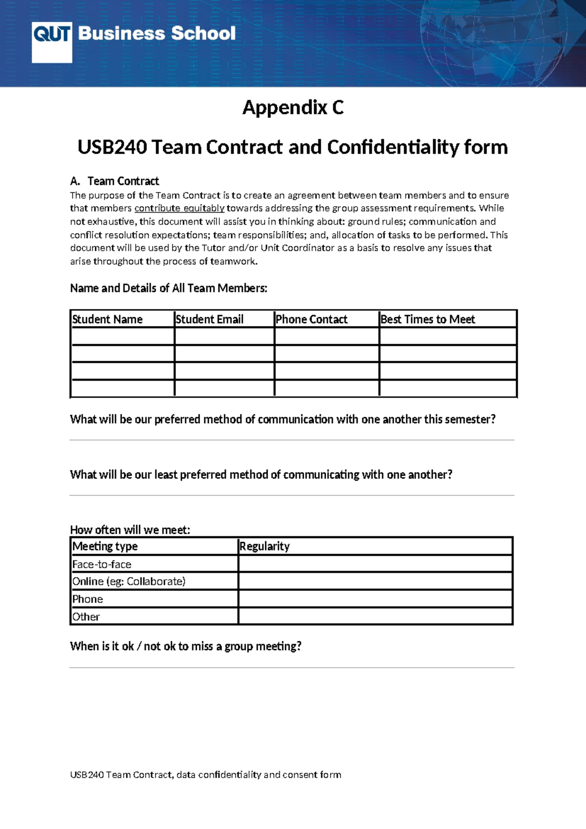 USB240 - Team Contract and Confidentiality Consent Form 2025 - Appendix ...