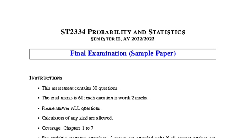ST2334 Probability and Statistics Semester II Final Exam Sample Paper ...