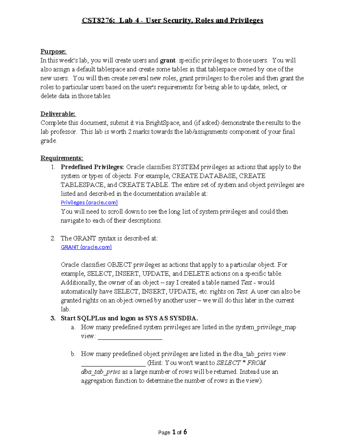 CST8276 Lab 4 - User Security Roles and Privileges - Purpose: In this ...