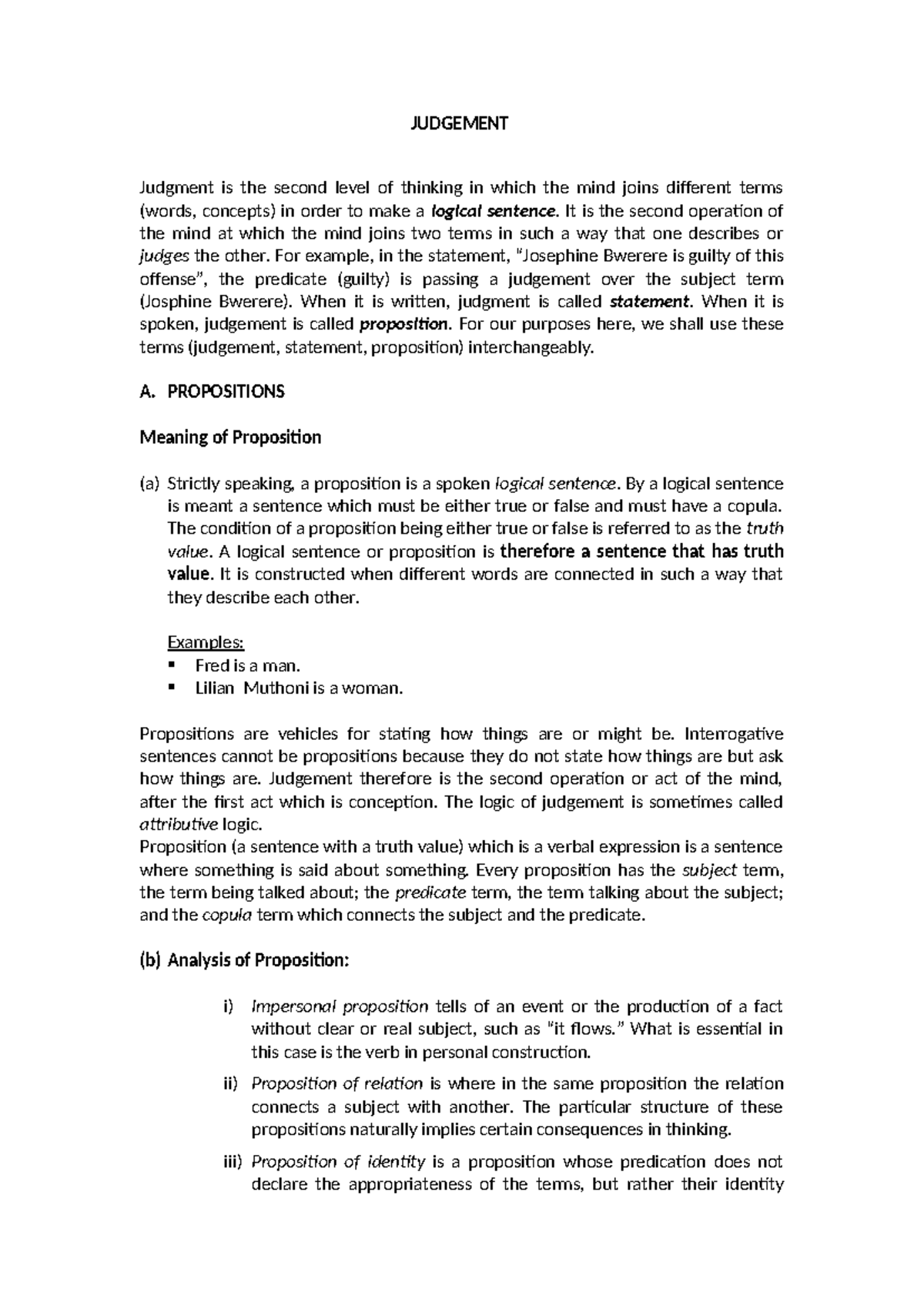 JUD 101: Lecture Notes on Judgement and Propositions - Studocu