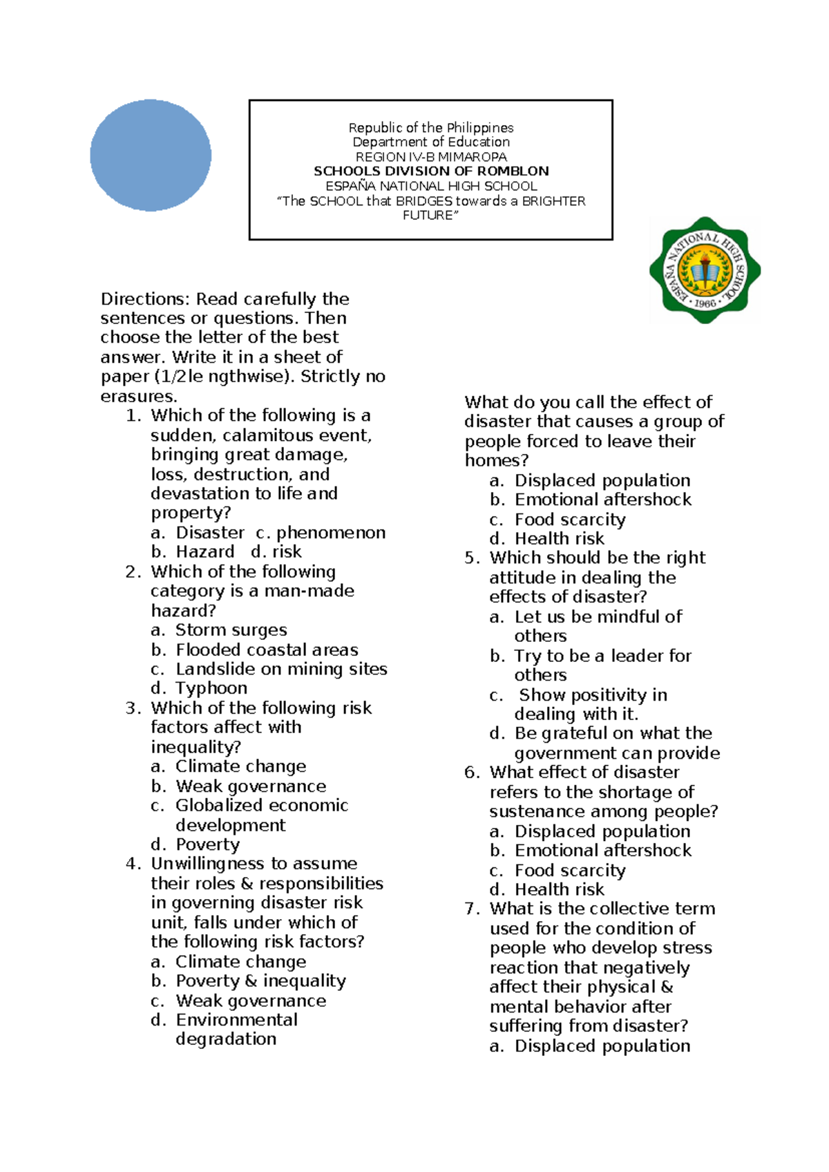 3RD Quarter EXAM - EXAM IN DISASTER - Directions: Read carefully the ...