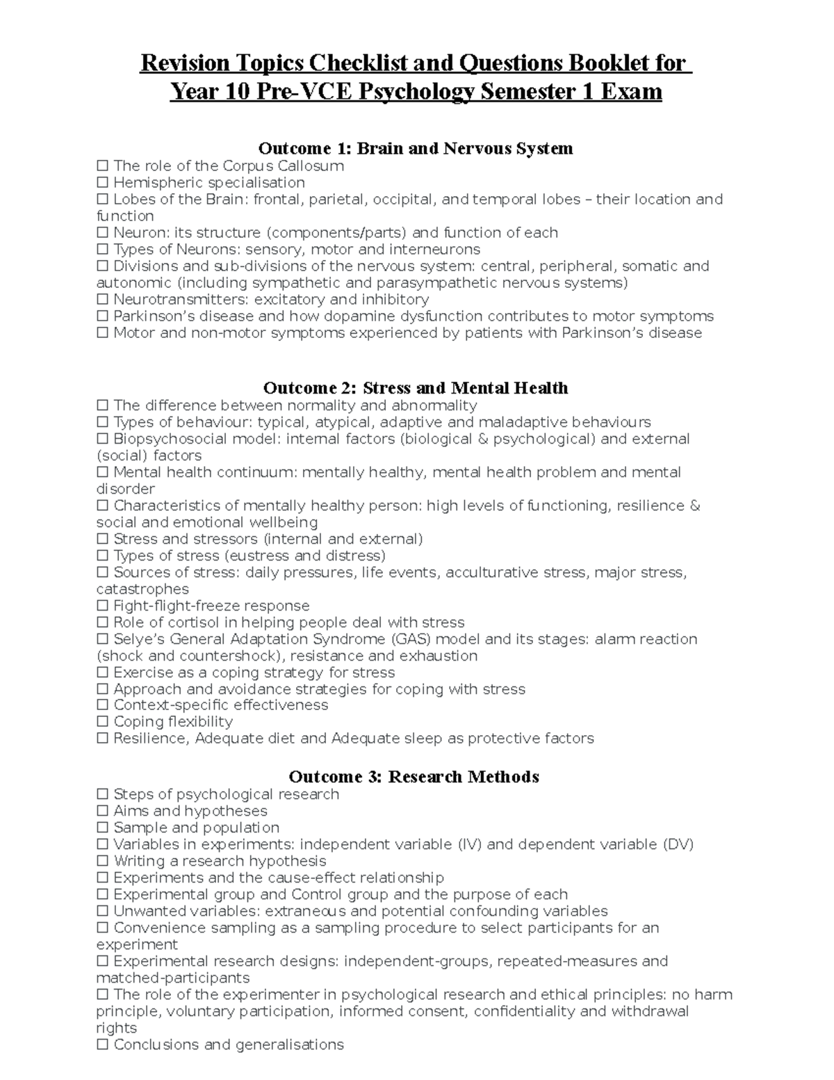 Year 10 Pre-VCE Psychology Semester 1 Revision Exam Checklist - Studocu