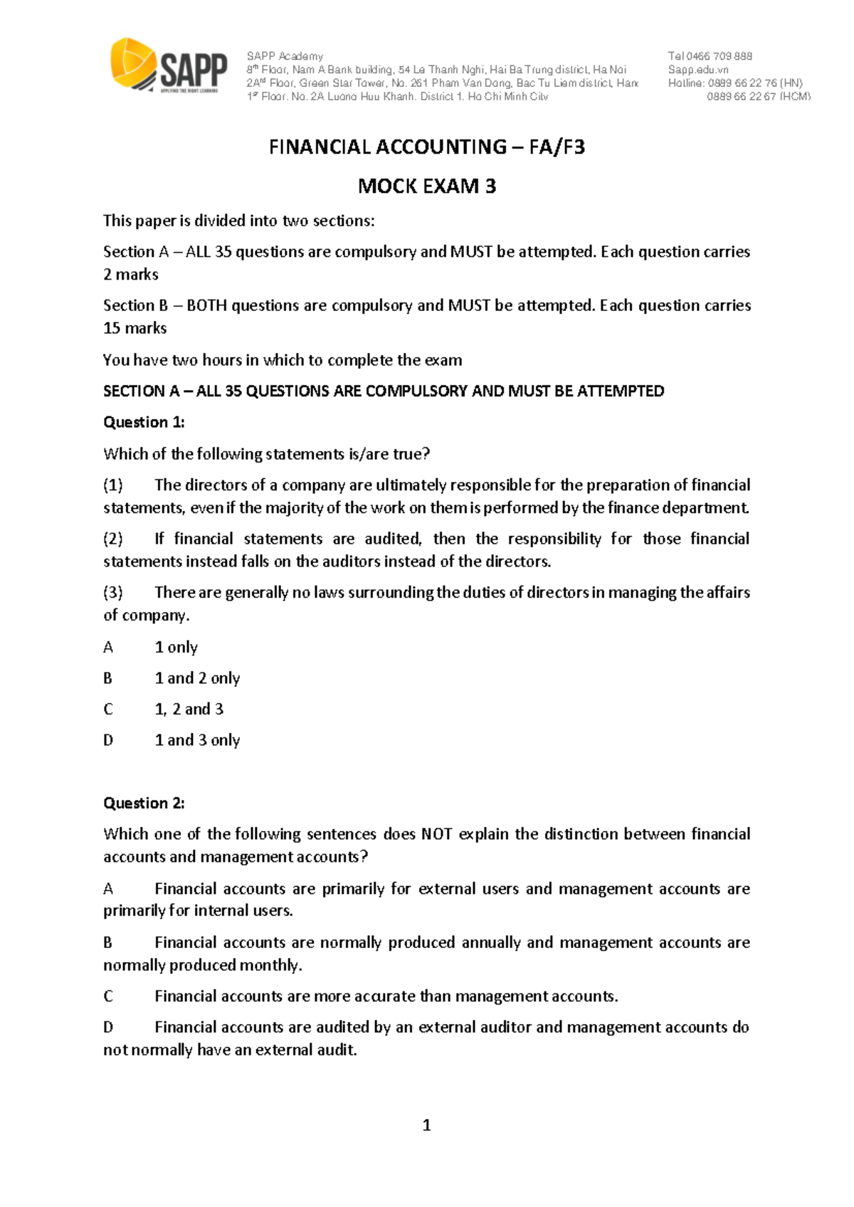 F3 Mock Exam 3 - FA Financial Accounting Practice Questions - Studocu