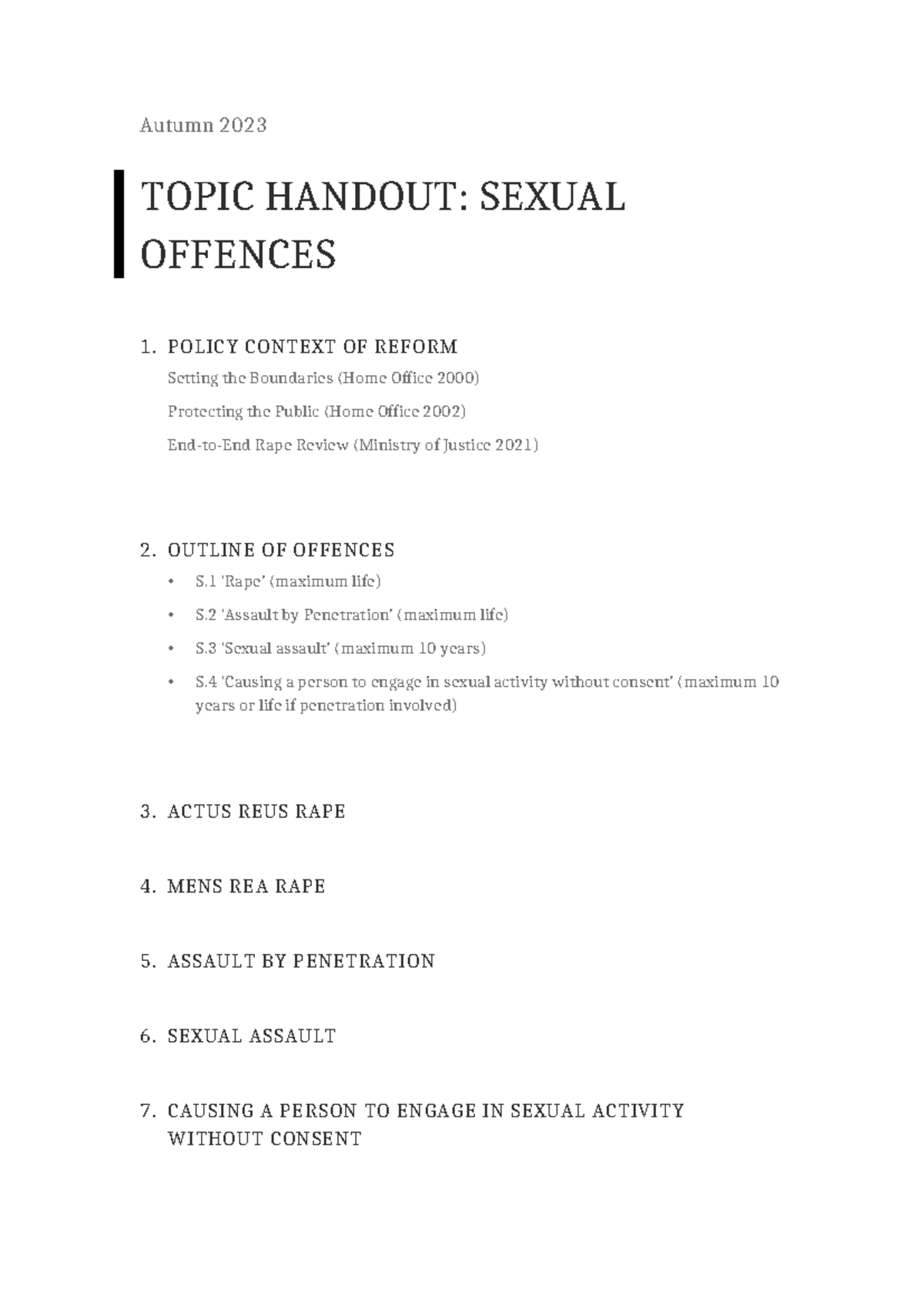 Topic Handout 8 sexual offences - Autumn 2023 TOPIC HANDOUT: SEXUAL ...