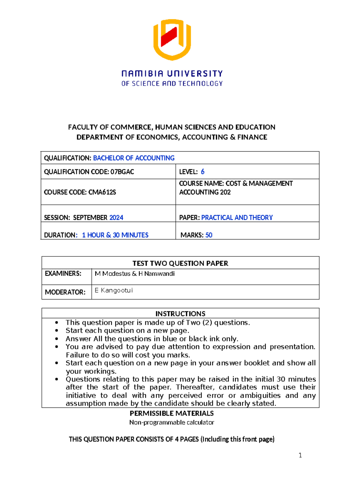 CMA612S - Test 2: Cost & Management Accounting Exam Questions - Studocu