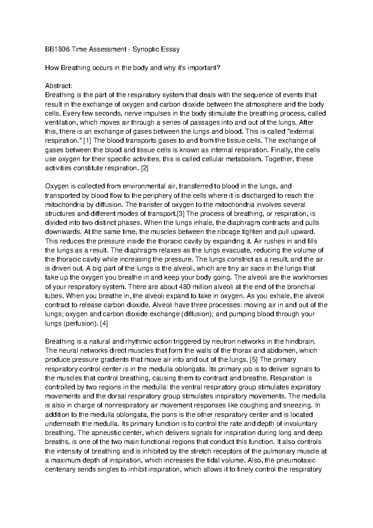 Synoptic Essay on Breathing Mechanisms - BB1806 Time Assessment - Studocu