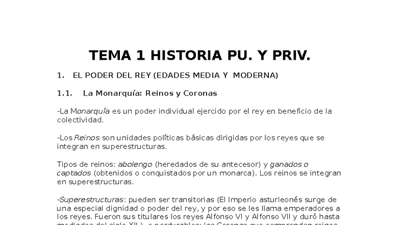 TEMA 1 Hdpyp - El Poder del Rey en la Edad Media y Moderna - Studocu
