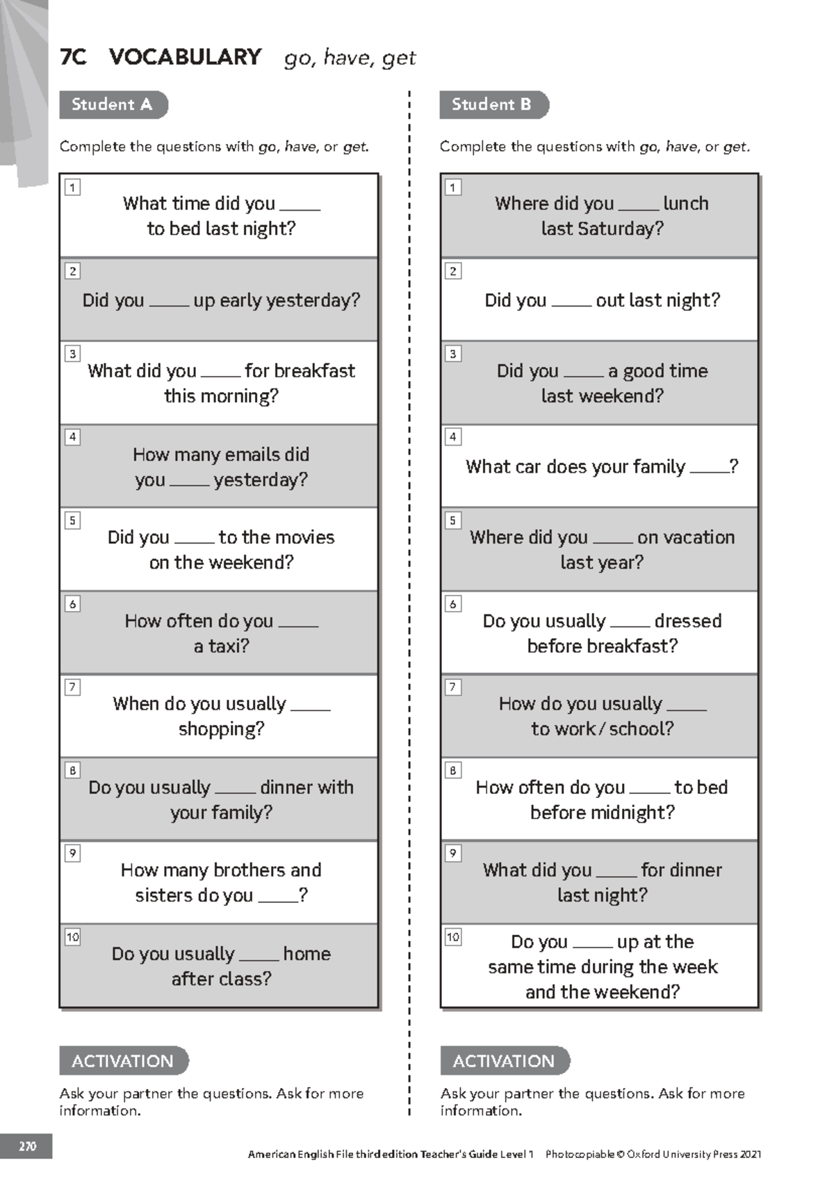 AEF3e Level 1 TG PCM Vocab 7C: Go, Have, Get Practice Questions - Studocu