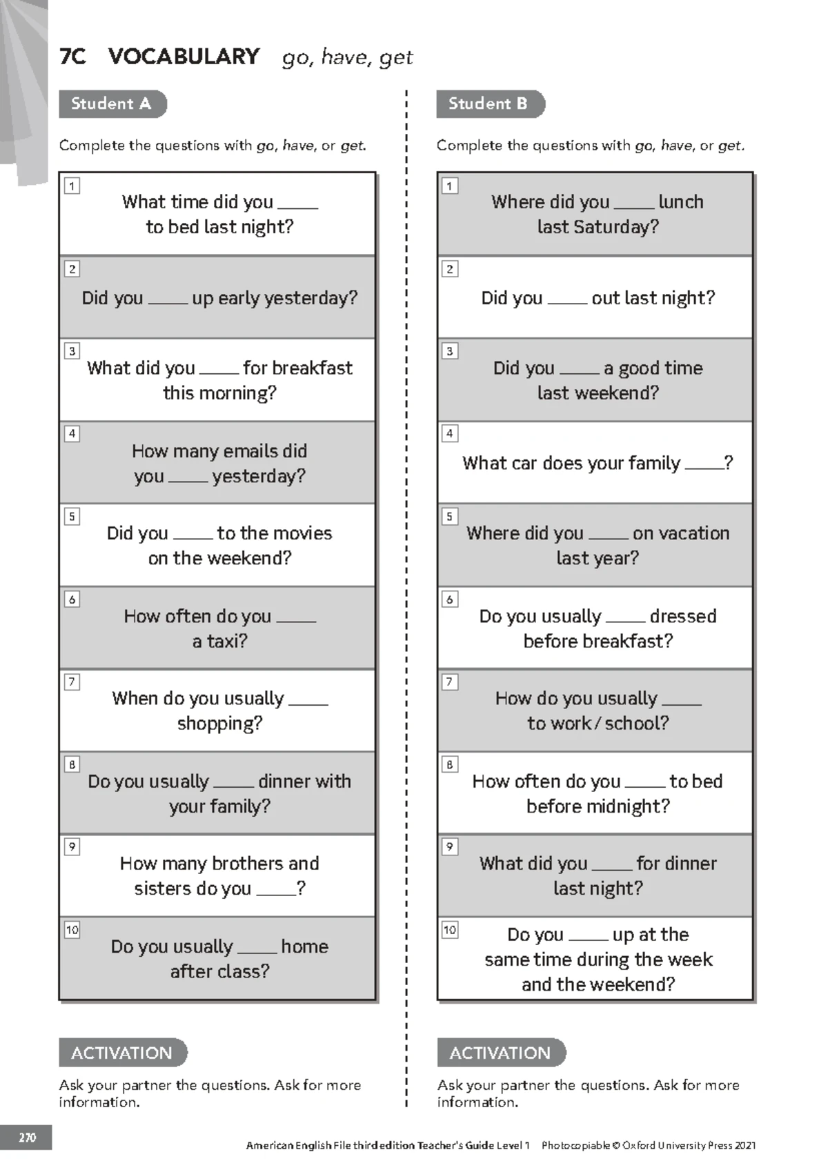 7C Vocabulary Practice: Go, Have, Get Questions and Answers - Studocu