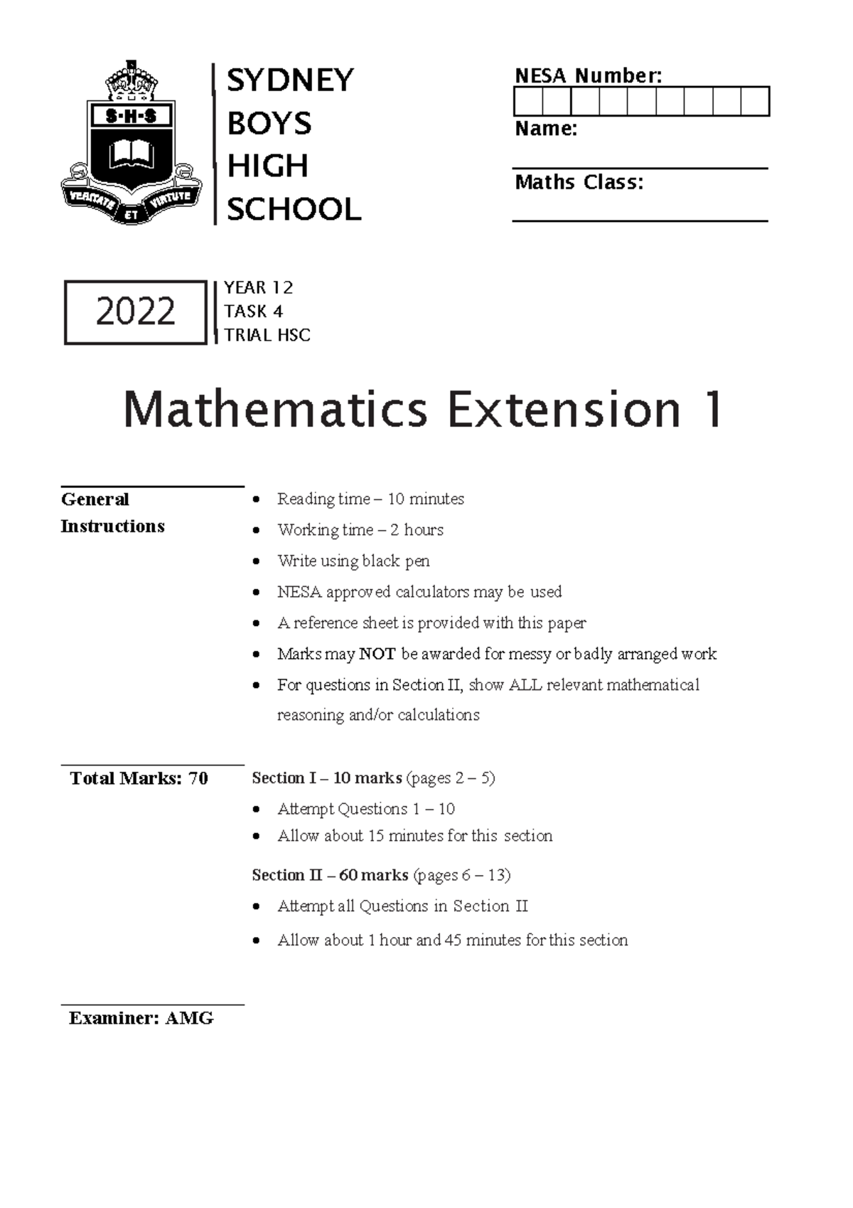 SBHS 2022 Y12 ME 1 THSC Trial Mathematics Exam Paper - Studocu