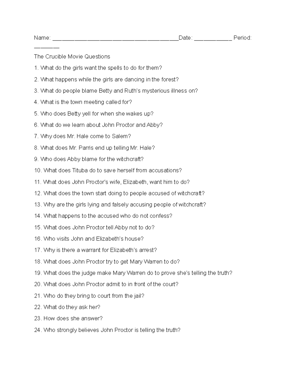 ENG 101: The Crucible Movie Student Questions Guide - Studocu