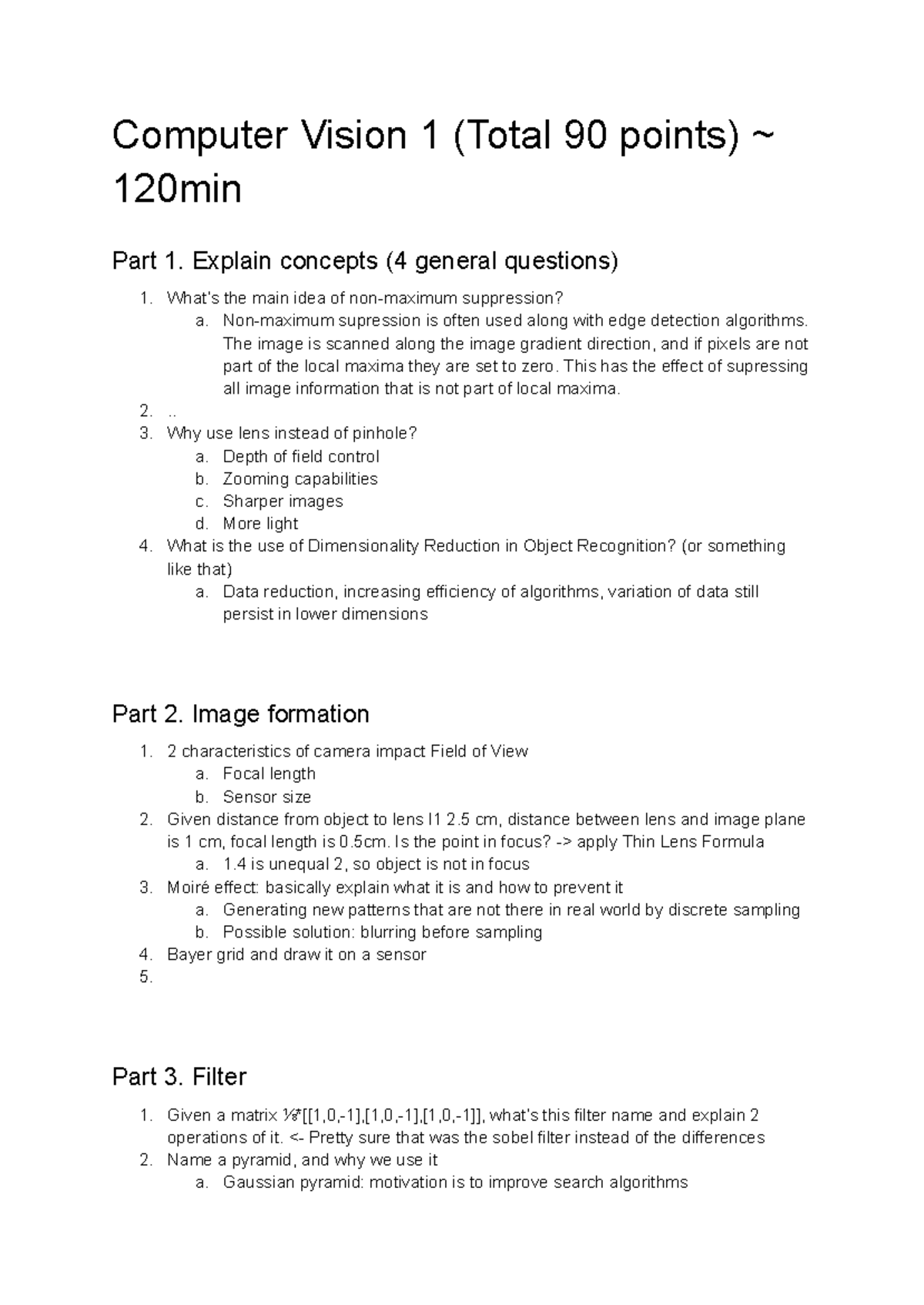 Computer Vision 1 Exam Memory Wi SS2022: Key Concepts & Techniques ...