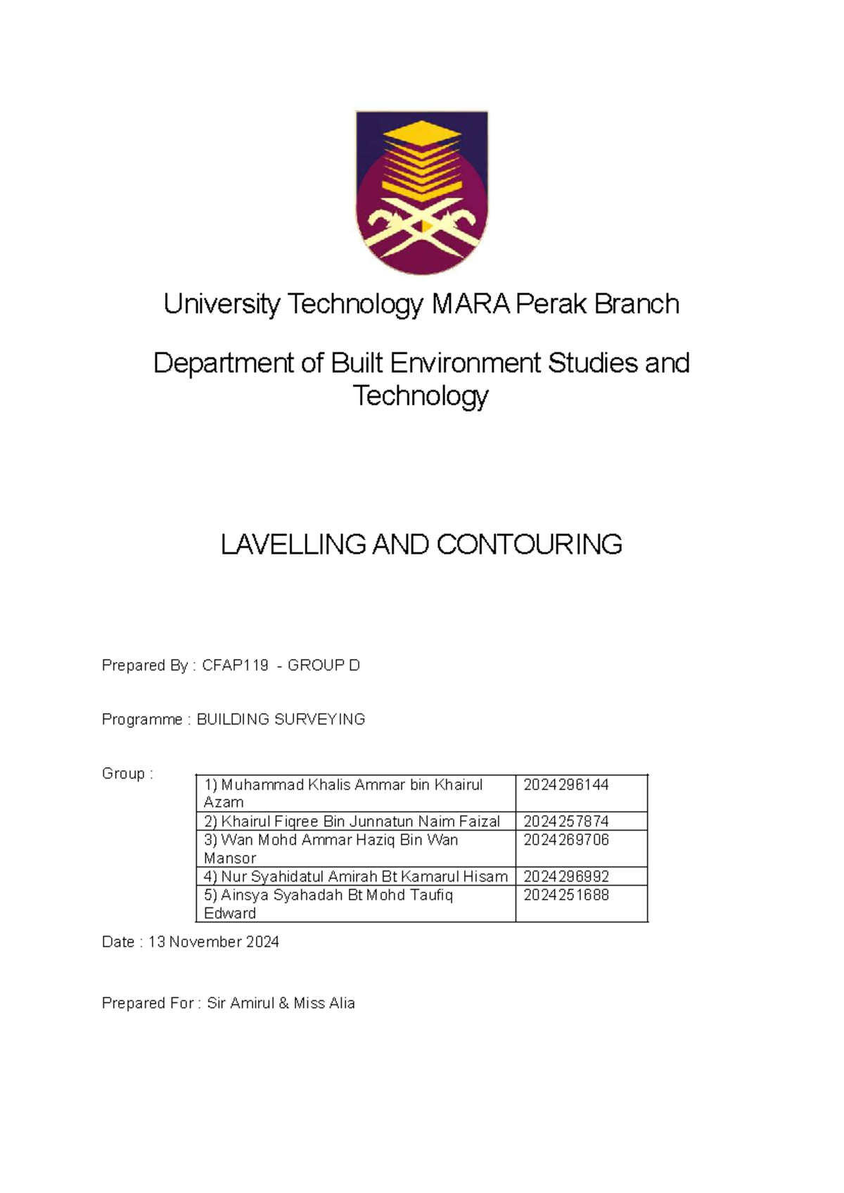 SUG CFAP119 Lab Report on Levelling and Contouring Techniques - Studocu