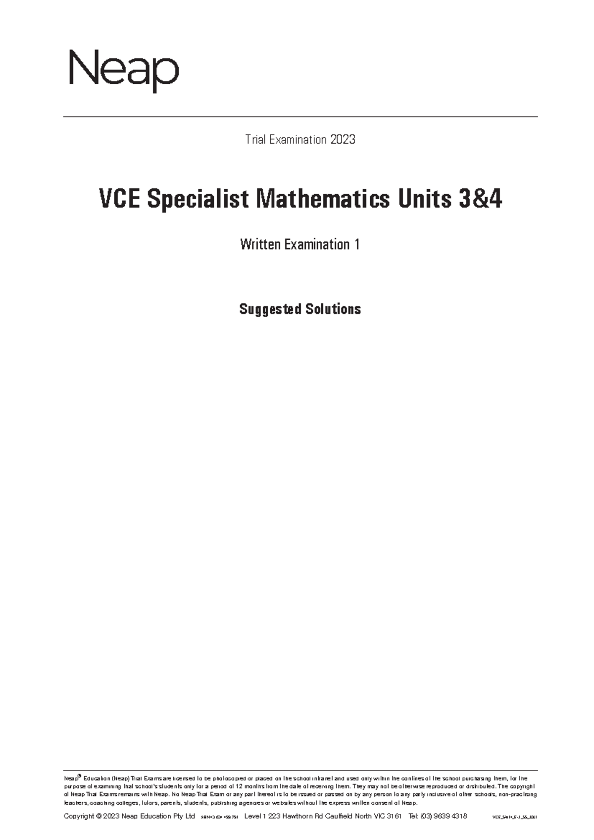 VCE Specialist Mathematics Units 3&4 Exam 1 Suggested Solutions Booklet ...