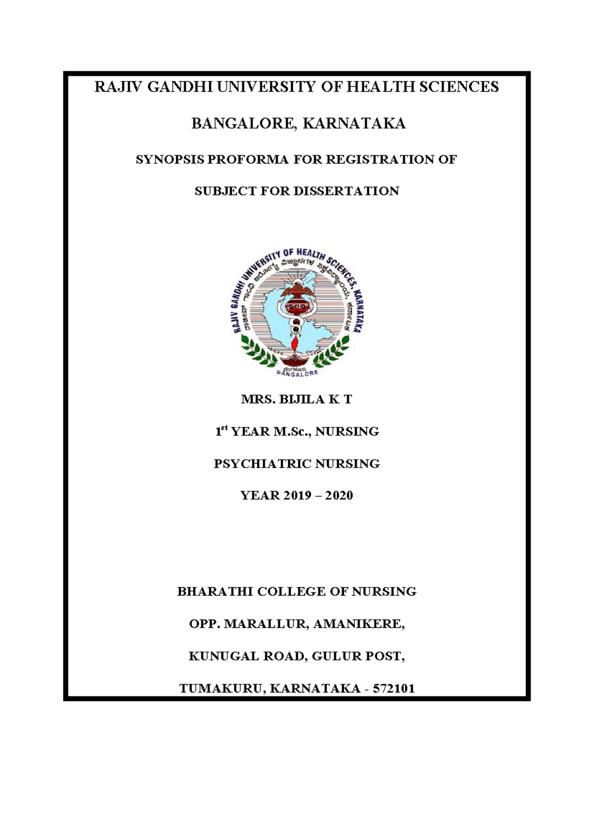 RGUHS - Synopsis for M.Sc. Nursing Dissertation on Psychiatric Nursing ...