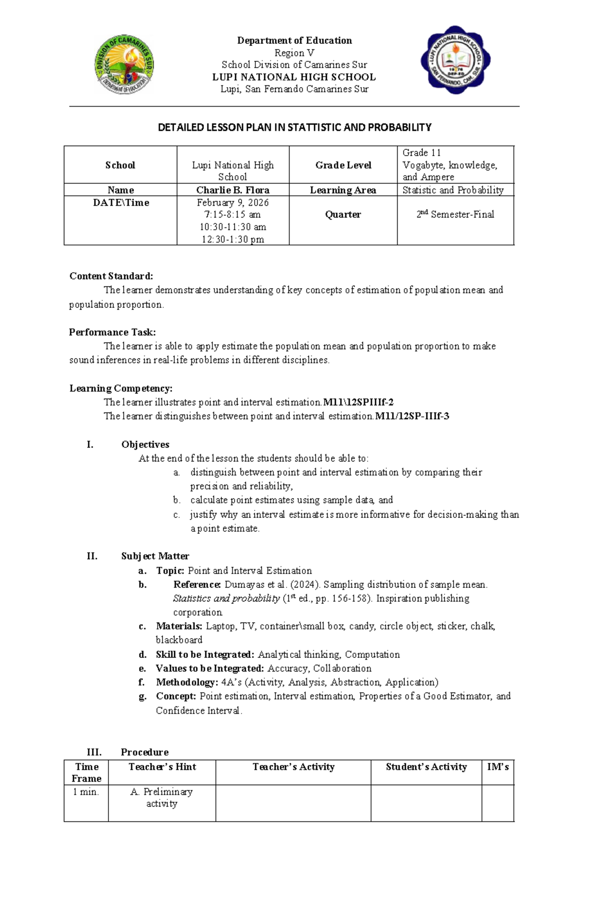 Detailed Lesson Plan in Statistics and Probability (Grade 11) - PI-DLP ...
