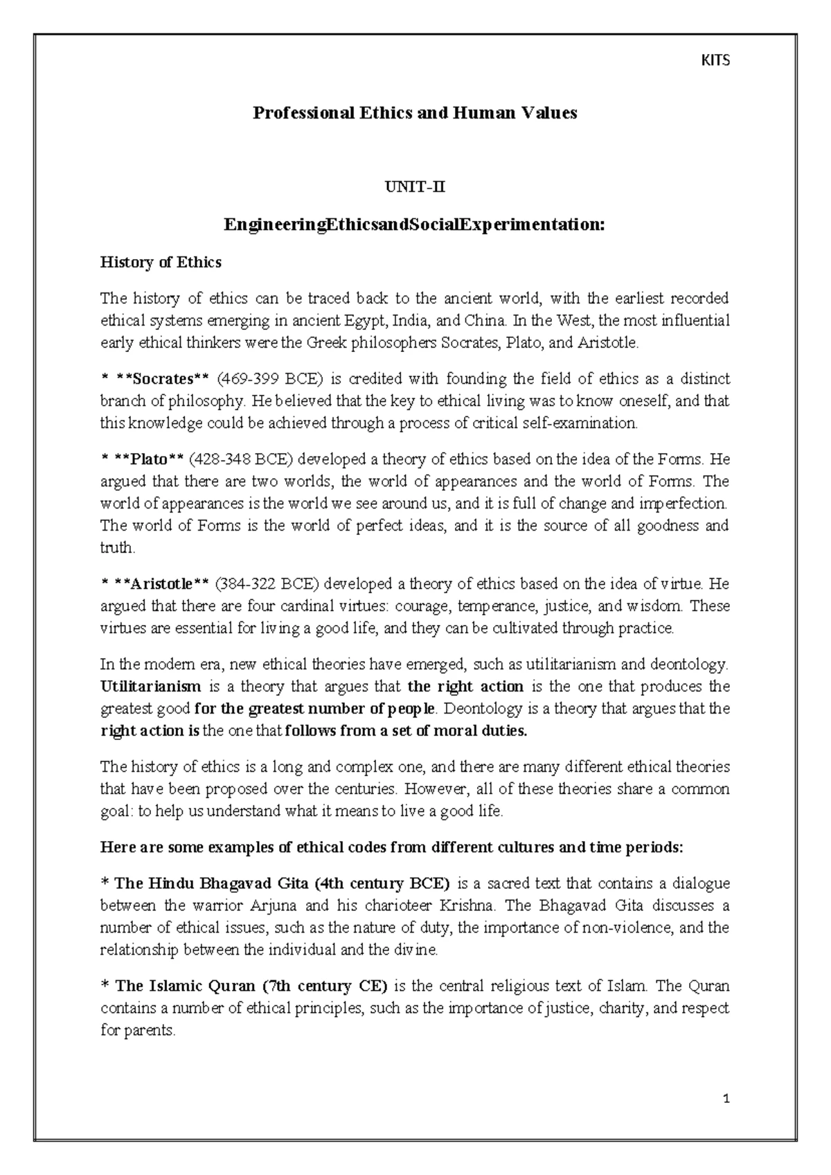 Professional Ethics and Human Values KITS - Unit 1 Notes on Ethics ...