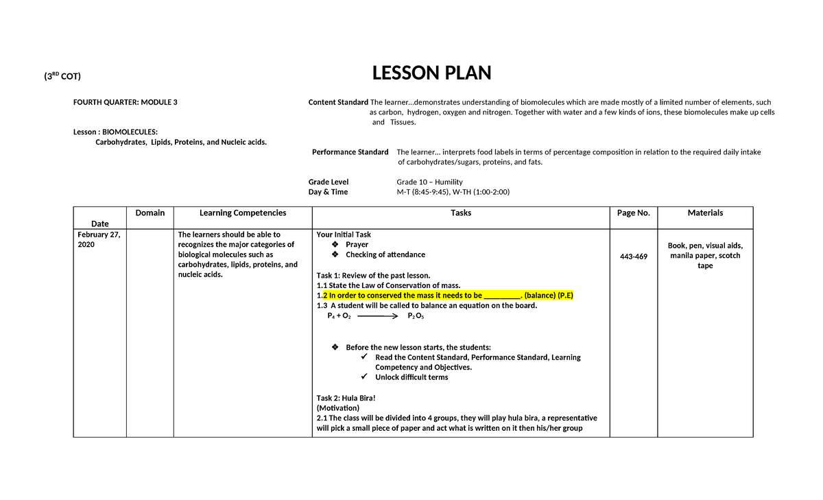 LESSON PLAN (3RD COT) 4TH QTR: BIOMOLECULES IN GRADE 10 SCIENCE - Studocu