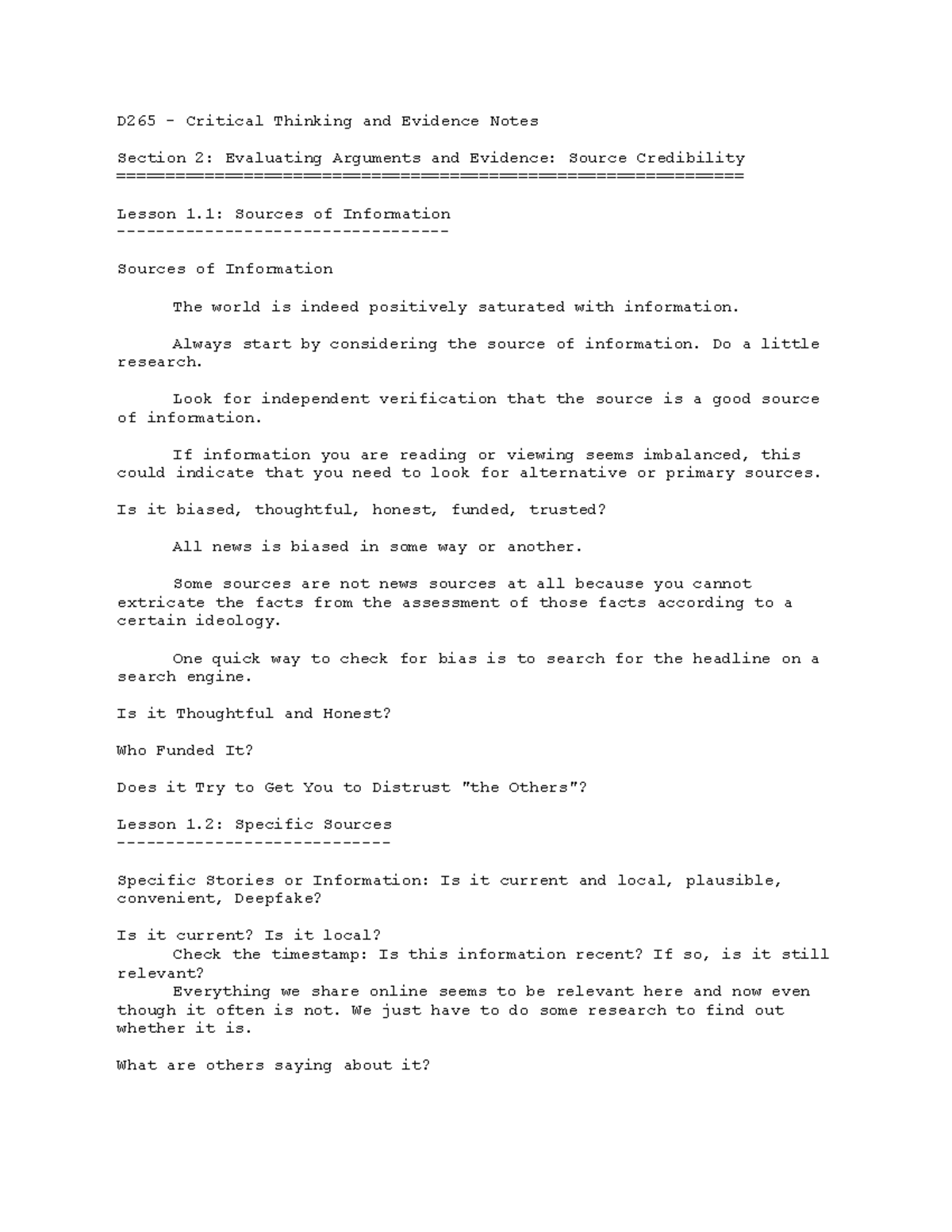 D265 Notes - Evaluating Arguments & Source Credibility - Studocu