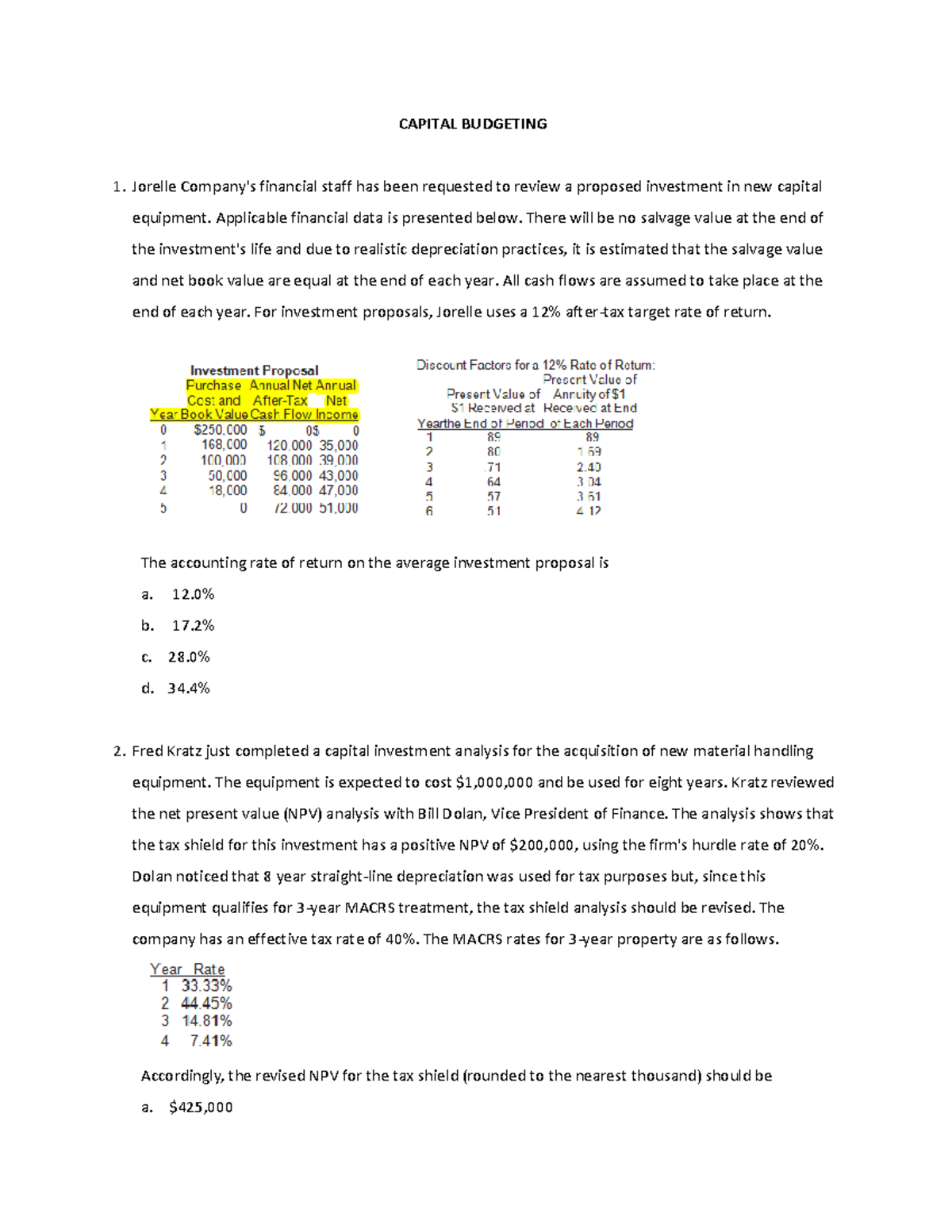 Oct 25 Capital Budgeting Quiz: Financial Analysis & Project Evaluation ...