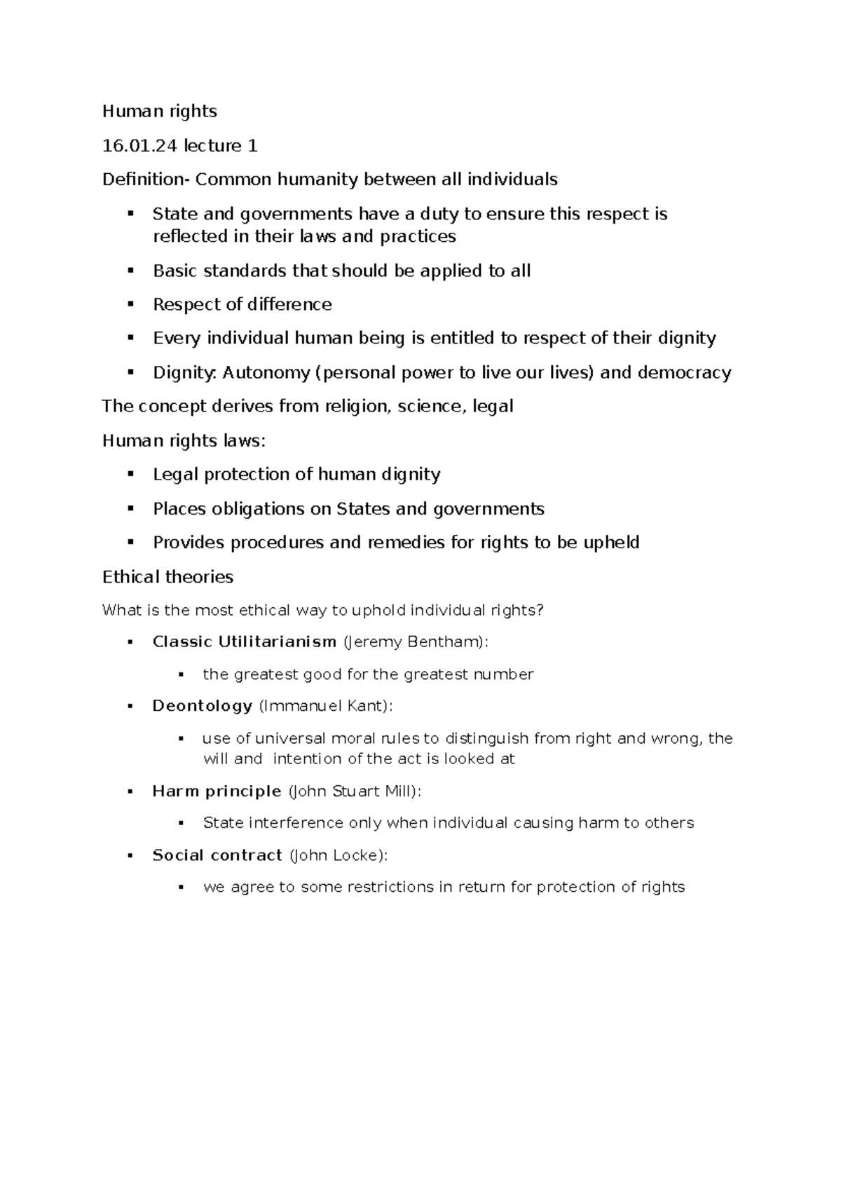 Human Rights Overview - 16.01 Lecture 1 Summary and Ethical Theories ...