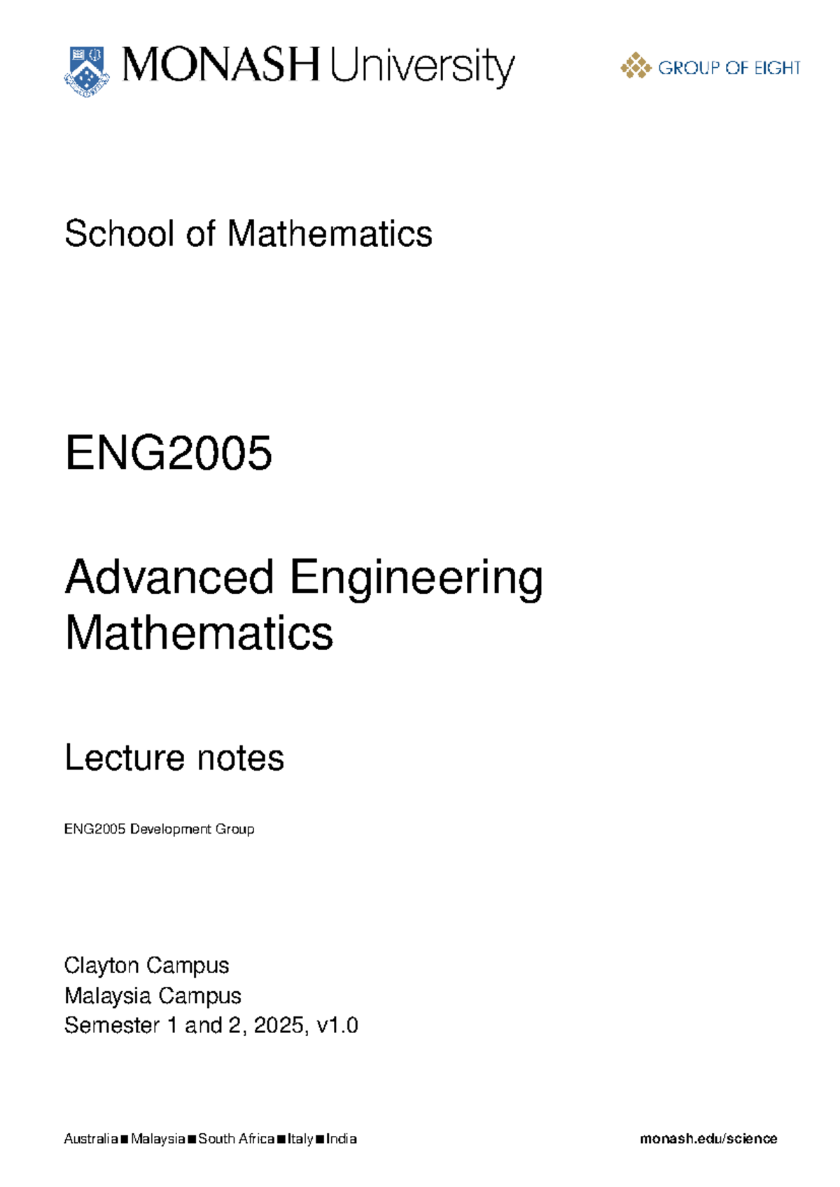 ENG2005 Advanced Engineering Mathematics Lecture Notes - Semester 1 & 2 ...