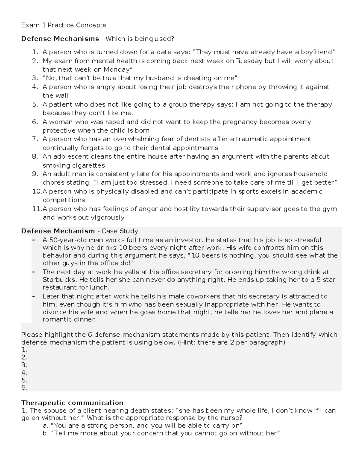 Exam 1 Practice: Understanding Defense Mechanisms in Mental Health ...