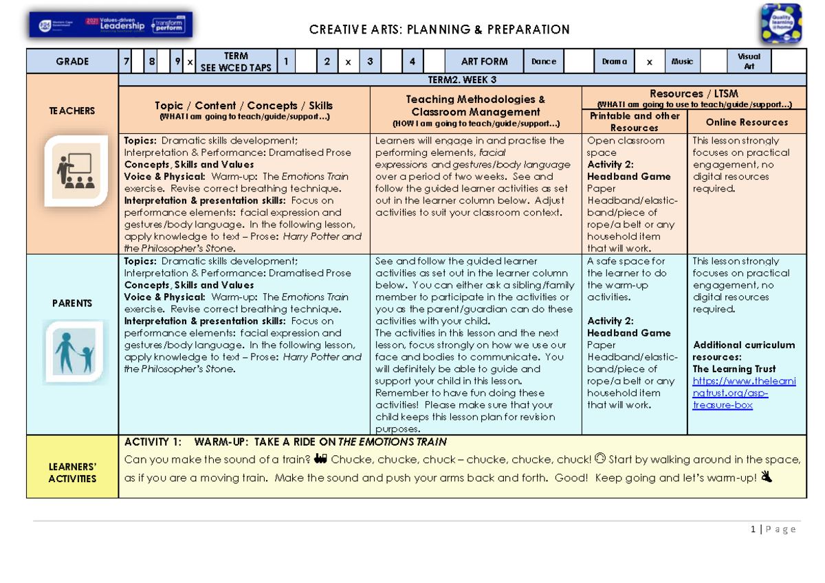 Lesson Plan Gr9 Creative Arts Drama T2 W3: Emotions & Performance ...