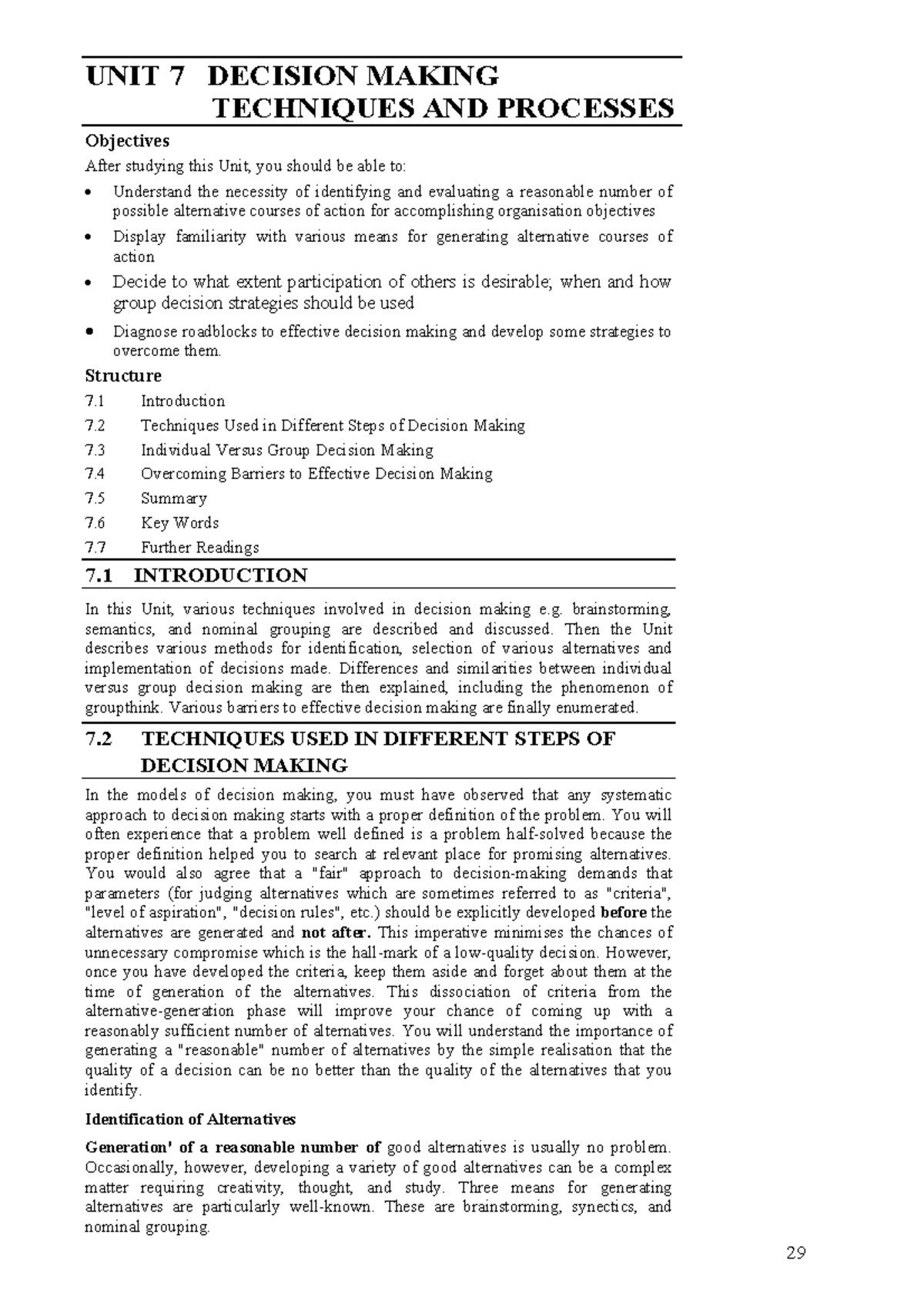 Unit 7 Decision Making Techniques and Processes - BTech Notes - Studocu