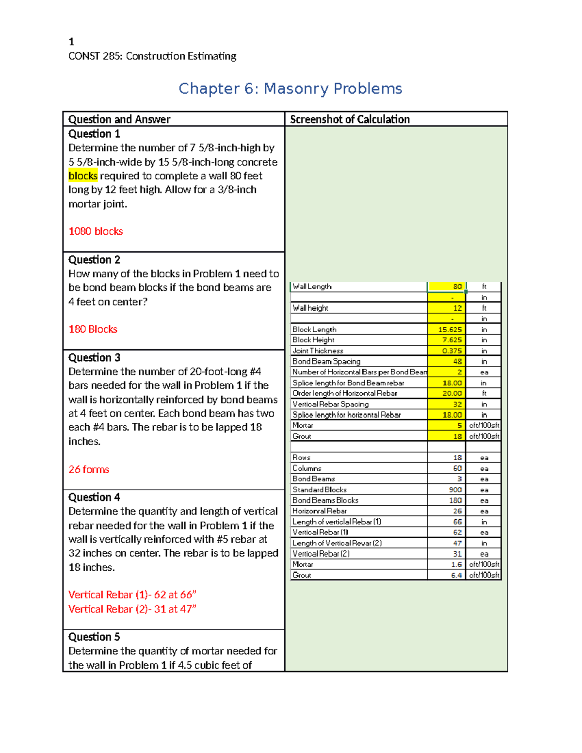 CONST 285: Construction Estimating Chapter 6 Masonry Problems Q&A - Studocu
