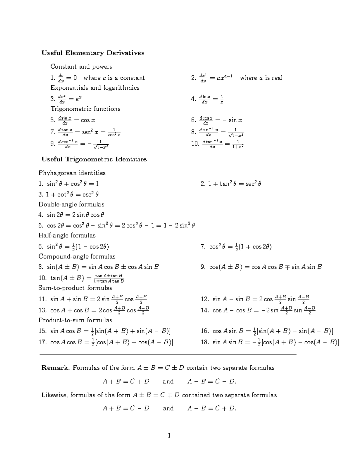 Useful Formulas - Summary General Physics 1 - Useful Elementary ...