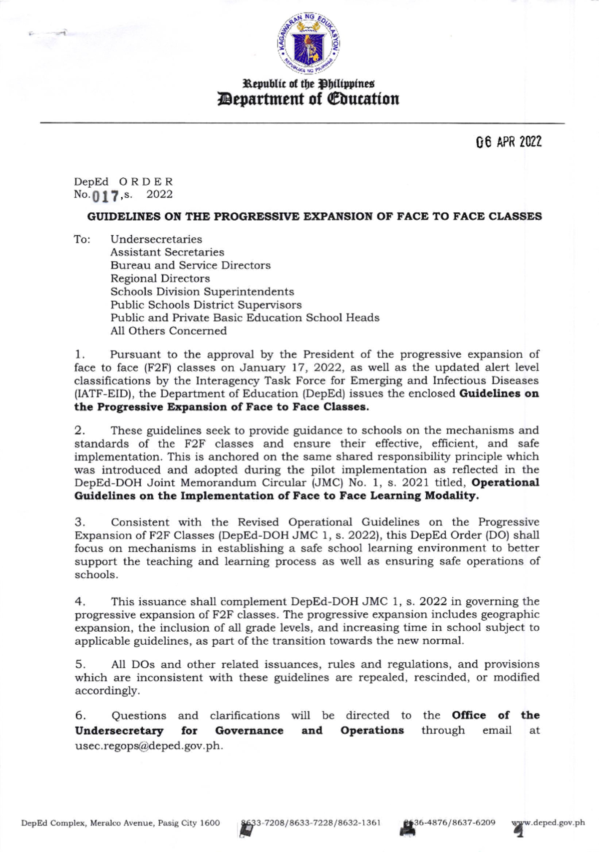 DepEd Order No. 017, s. 2022 - F2F Classes Expansion Guidelines - Studocu