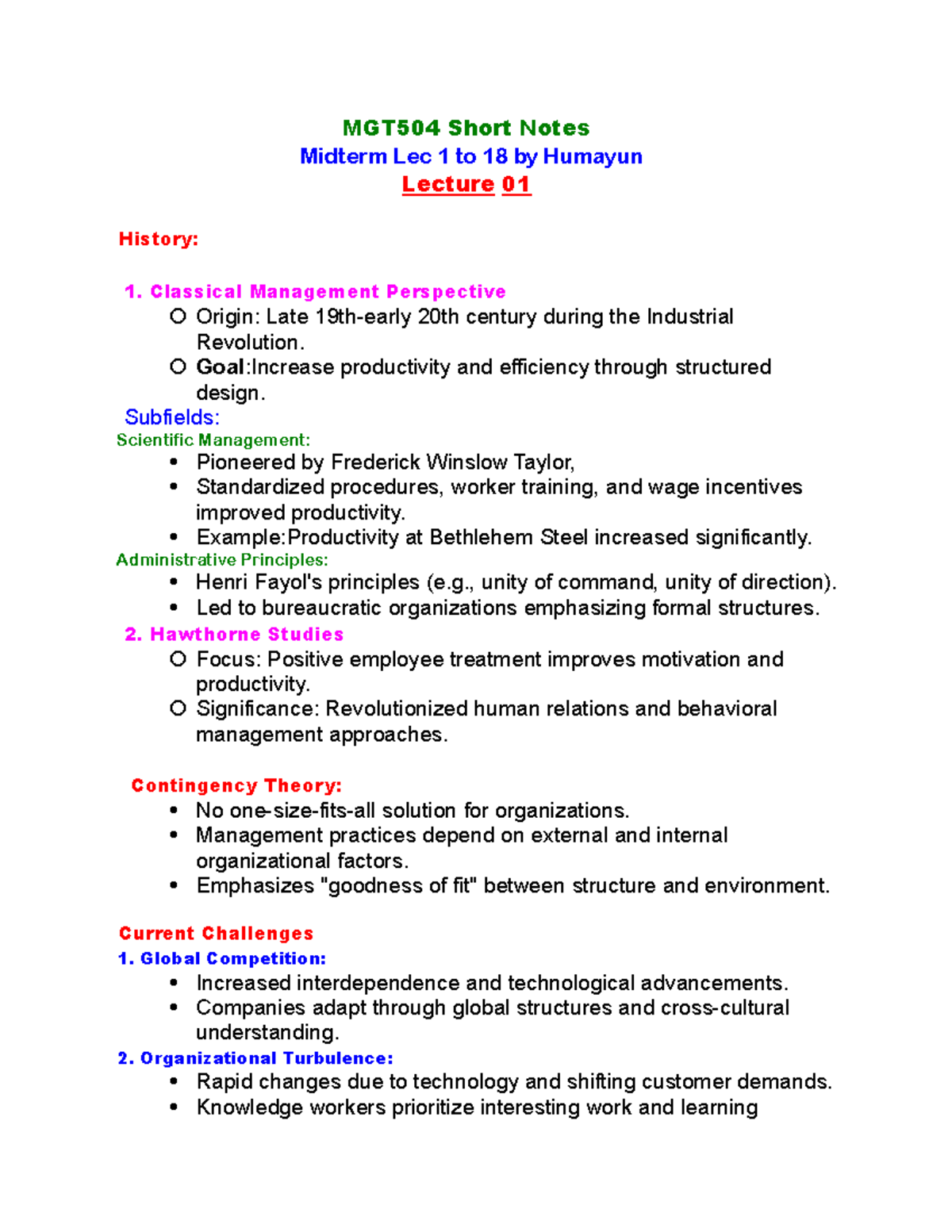 MGT504 Midterm Short Notes: Lectures 1-18 Overview by Humayun - Studocu