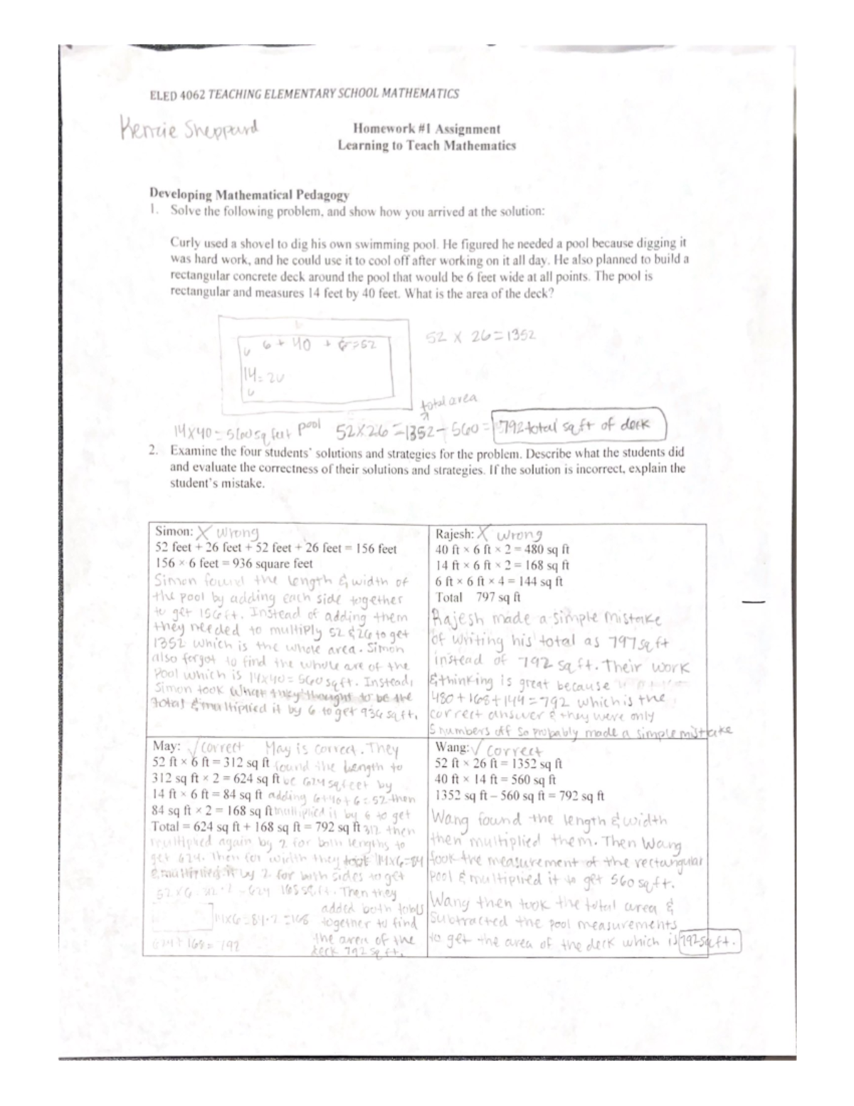 ELED 4062: Homework #1 Assignment on Math Pedagogy Strategies - Studocu